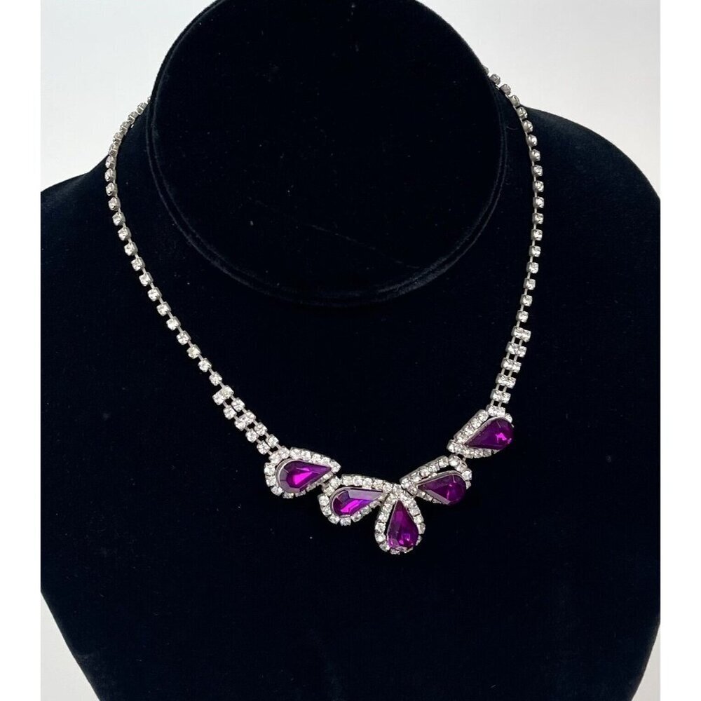14"-18" Purple Pear Teardrop Shape Rhinestone Crystal COSTUME NECKLACE Jewelry
